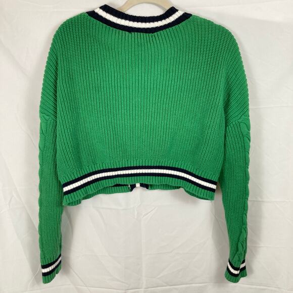 Forever 21 Womens L Green Chunky Cable Knit Varsity Crop Cardigan Tennis Preppy - Picture 2 of 9